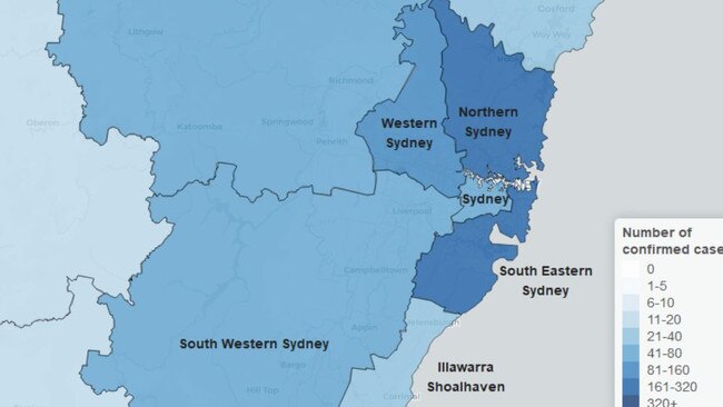 Confirmed cases of COVID-19 across Sydney Metropolitan region as of 25 March 2020 at 8pm, by local health district (LHD). Source: NSW Health