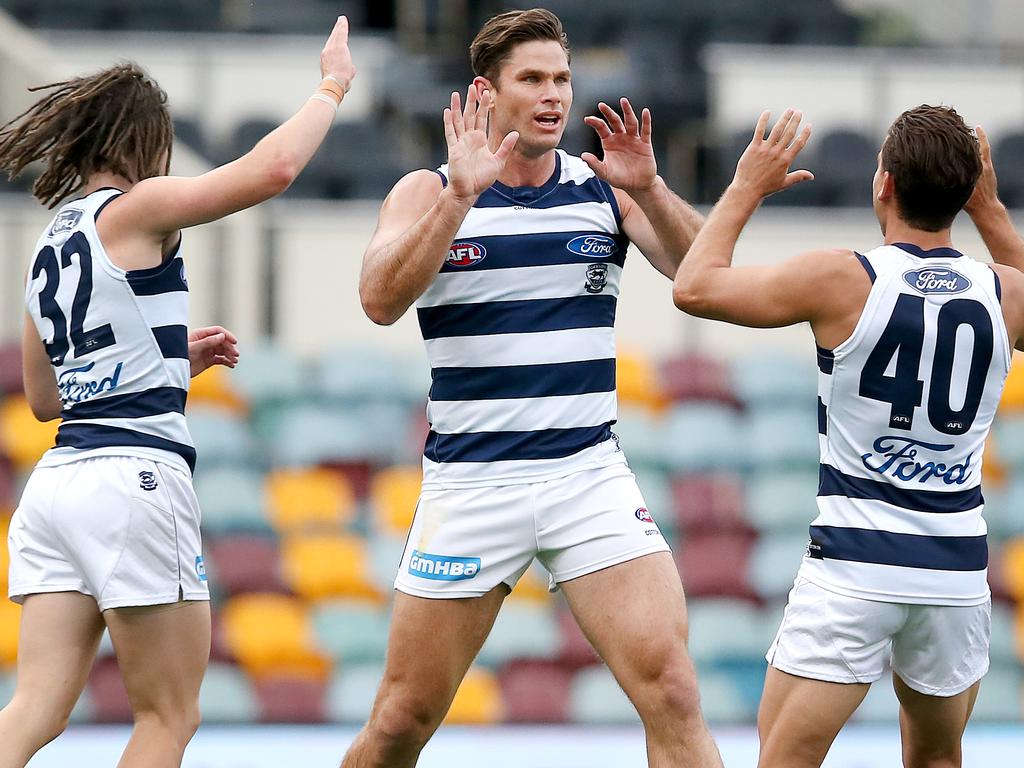 Tom Hawkins was treating the Bombers defence like witches hats.