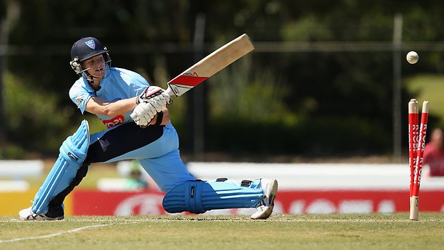 Steve Smith of the Blues is bowled during the Ryobi Cup match between the New South Wales Blues and the Tasmania Tigers at Bankstown Oval.