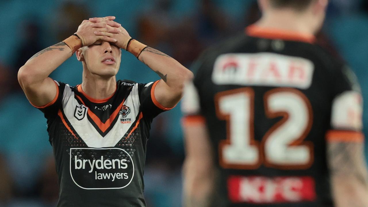 SYDNEY, AUSTRALIA - APRIL 10: Charlie Staines of the Wests Tigers reacts after knocking on late in the round six NRL match between Wests Tigers and Parramatta Eels at Accor Stadium on April 10, 2023 in Sydney, Australia. (Photo by Mark Metcalfe/Getty Images)