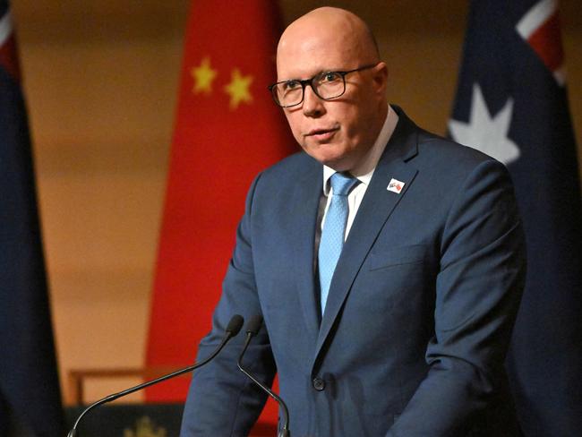 Australia's Opposition Leader Peter Dutton speaks during a luncheon at Parliament House in Canberra on June 17, 2024. (Photo by MICK TSIKAS / POOL / AFP)