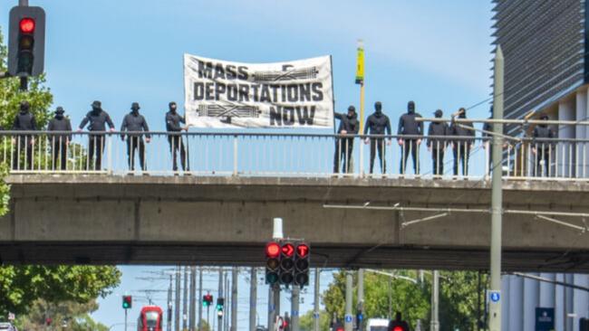 About 11am on Saturday 12 January, police were called to Morphett Street, Adelaide after reports of a protest in which the participants were disguising their faces with ski masks. Picture: 7NEWS