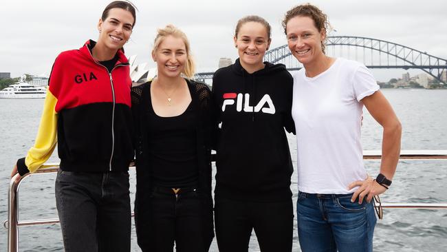 Australia’s female tennis hopes (from left) Ajla Tomljanovic, Daria Gavrilova, Ash Barty and Sam Stosur. Picture: Monique Harmer