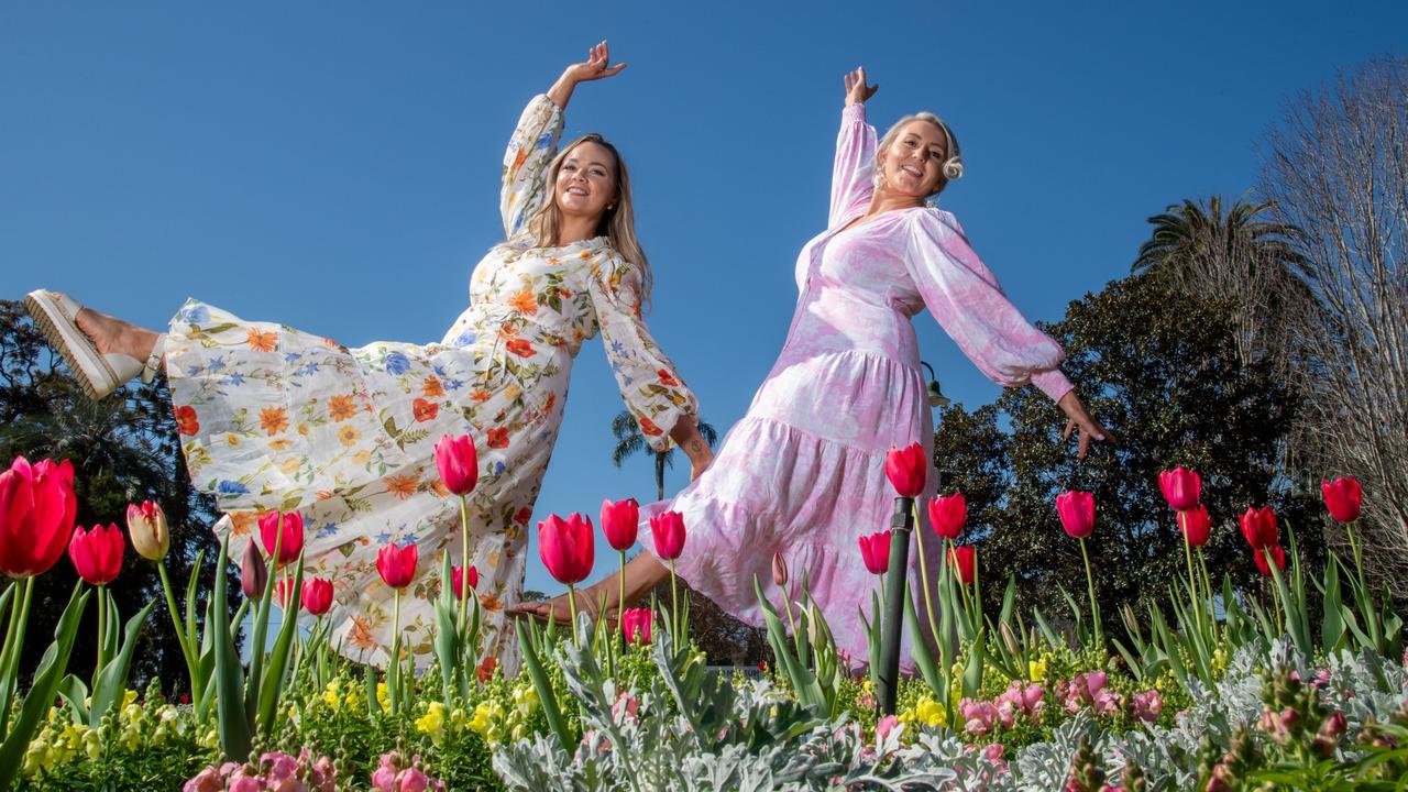 Samantha Pigozzo and Sarah McVeigh ready for the Toowoomba Carnival of Flowers Parade. Picture: Nev Madsen