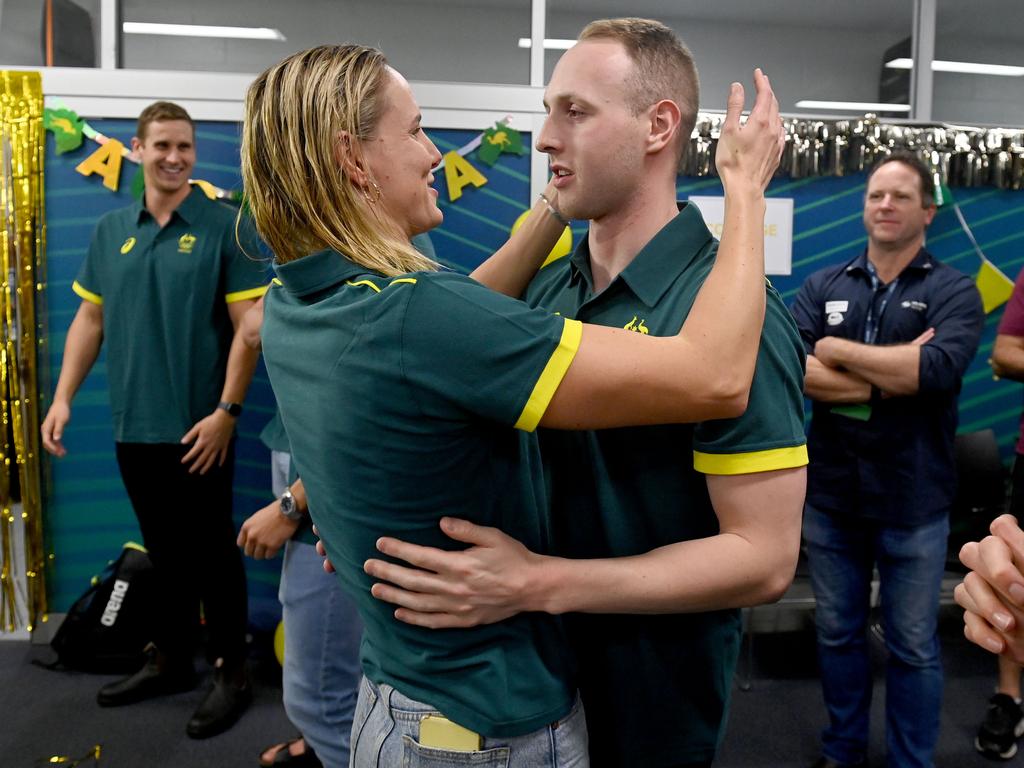 Matt Wilson hugs Bronte Campbell at the event held to announce the Australian Olympic Team. Picture: Delly Carr/SAL