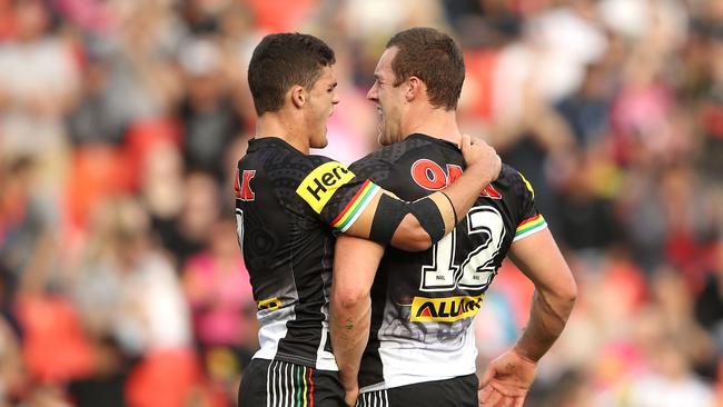 SYDNEY, NEW SOUTH WALES — MAY 13: Nathan Cleary and Isaah Yeo of the Panthers celebrate Yeo scoring a try during the round 10 NRL match between the Penrith Panthers and the New Zealand Warriors at Pepper Stadium on May 13, 2017 in Sydney, Australia. (Photo by Mark Kolbe/Getty Images)