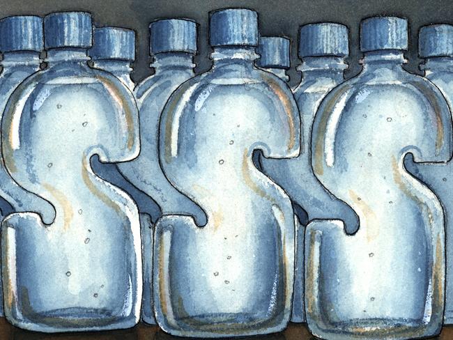 Illustration by Jock Alexander of bottle of water shaped like dollar signs to accompany review of book 'Bottlemania: How Water Went On Sale And Why We Bought It'.