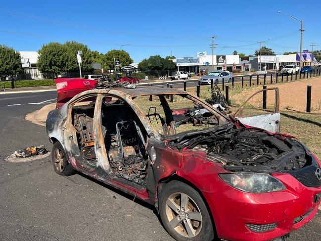 A burnt car which was spotted on the side of Mitchell Highway in Dubbo.