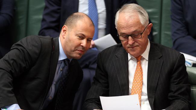 Josh Frydenberg, Minister for Environment and Energy chats with Prime Minister Malcolm Turnbull. Picture: Gary Ramage