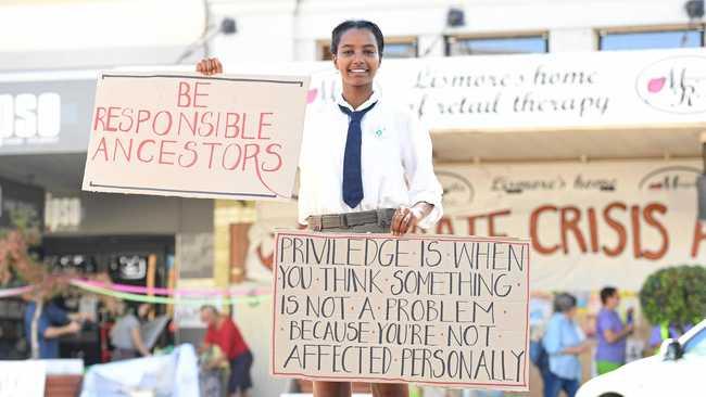 Student Frewoini Baune at the Lismore climate protest. Picture: Marc Stapelberg