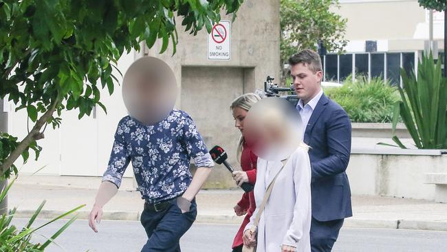 Relatives (faces blurred) of a Paradise Point man charged with serious child cruelty offences were in attendance at Beenleigh Magistrates Court as the man applied for bail on Tuesday. Picture: NewsWire / Glenn Campbell