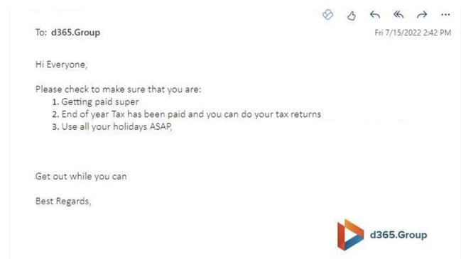 The email a senior staff member sent to staff in July last year.