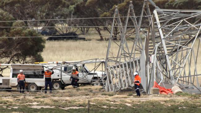 A large transmission tower fallen near Tailem Bend. Picture: Dean Martin