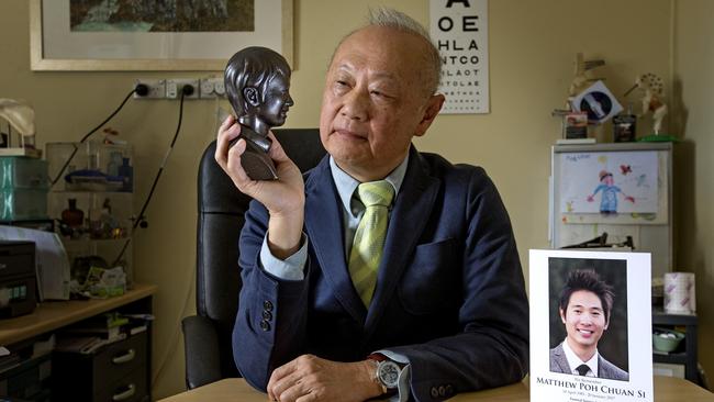 Dr Kheng Si with a bust of his son Matthew, who was one of six people killed in Melbourne's BourkeSt massacre. Picture: Steve Ferrier/The West Australian