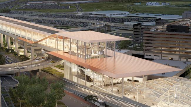 A render of the Melbourne airport station as part of the Melbourne airport rail link.