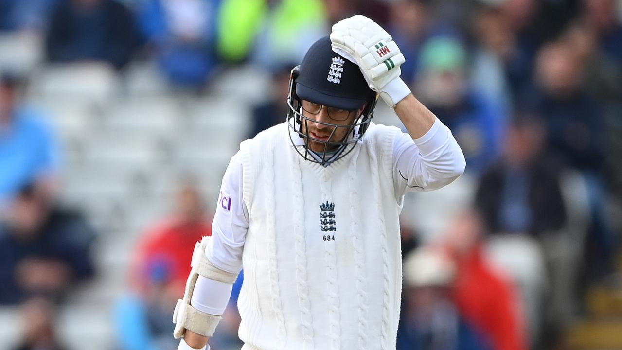 BIRMINGHAM, ENGLAND - JULY 02: England batsman Jack Leach reacts after being dismissed by Mohammed Shami during day two of the Fifth test match between England and India at Edgbaston on July 02, 2022 in Birmingham, England. (Photo by Stu Forster/Getty Images)