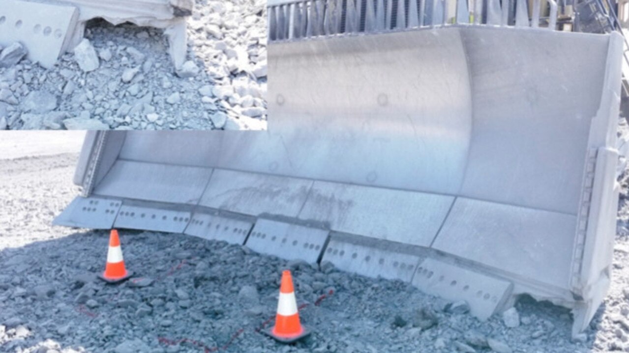 The force of the explosion ripped off part of the dozer’s blade (see bottom right and inset top right). Picture: NSW Resources Regulator