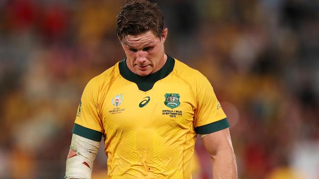 CHOFU, JAPAN - SEPTEMBER 29: Michael Hooper of Australia reacts following his team's defeat in the Rugby World Cup 2019 Group D game between Australia and Wales at Tokyo Stadium on September 29, 2019 in Chofu, Tokyo, Japan. (Photo by Dan Mullan/Getty Images)