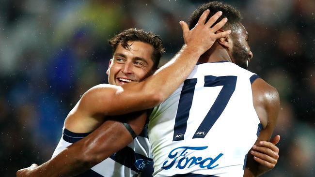 Luke Dahlhaus celebrates a goal with teammate Esava Ratugolea. Picture: AFL Photos 