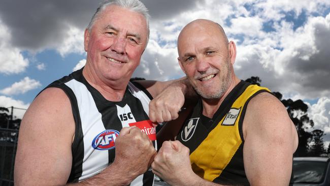 AFL greats Tony Shaw and Dale Weightman prepare for the Richmond-Collingwood preliminary final. Picture: David Crosling