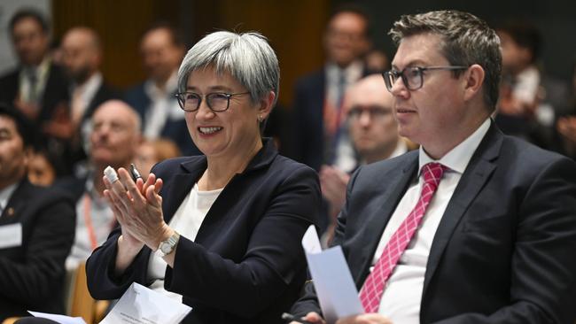 Foreign Minister Penny Wong and Defence Industry Minister Pat Conroy say AUKUS is needed to deter war with China. Picture: NCA NewsWire / Martin Ollman