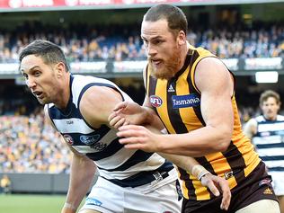 AFL. Geelong Cats vs. Hawthorn (MCG). Harry Taylor and Jarryd Roughead scramble for the ball. Picture: Jake Nowakowski