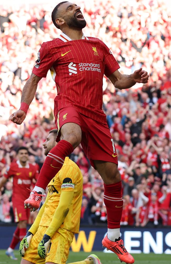 Mohamed Salah celebrates Liverpool’s fourth goal against Tottenham. Picture: Carl Recine/Getty Images
