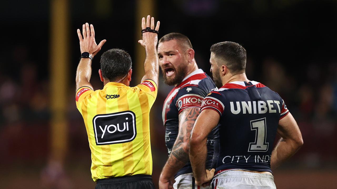 SYDNEY, AUSTRALIA - MAY 21: Jared Waerea-Hargreaves of the Roosters is sent to the sin bin by referee Gerard Sutton during the round 11 NRL match between the Sydney Roosters and the Penrith Panthers at Sydney Cricket Ground, on May 21, 2022, in Sydney, Australia. (Photo by Matt King/Getty Images)