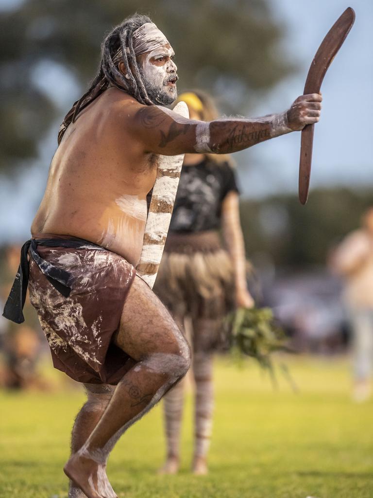 Thulaida takes part in the smoking ceremony and dance by Murabirigururu Aboriginal Dancers. 2023 TRL Cultural Cup, SW Qld Emus vs Pacific Nations Toowoomba. Saturday, February 25, 2023. Picture: Nev Madsen.