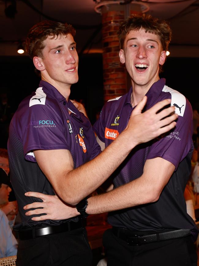 Matt Whitlock is congratulated by his twin brother Jack Whitlock after being drafted to North Melbourne. (Photo by Michael Willson/AFL Photos via Getty Images)