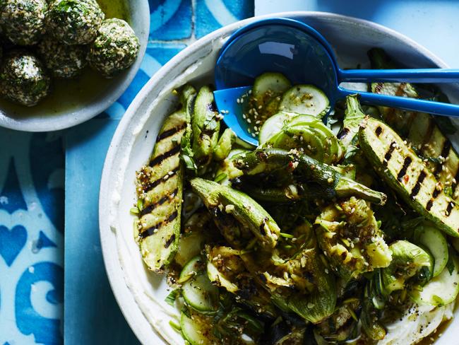 EMBARGO FOR TWAM 10 DECEMBER 2022. FEE MAY APPLY.  Recipe by Alice Zaslavsky. CHARRED ZUCCHINI & LABNEH WITH CHILLI ZAâATAR DRESSING. Styling: Jenn Tolhurst, Photo: Guy Bailey