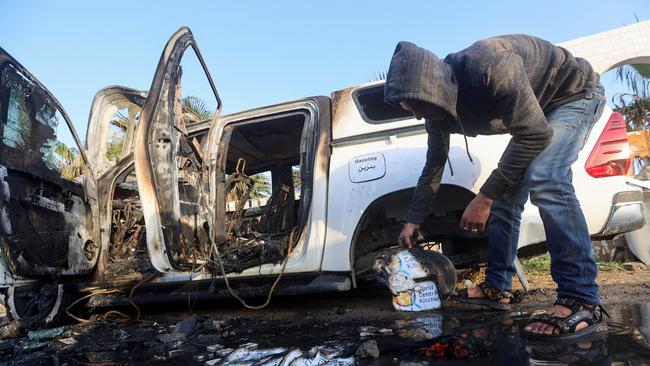 One of the World Central Kitchen vehicles destroyed by an Israeli drone strike in Gaza that killed seven aid workers including Australian Zomi Frankcom. Picture: Reuters