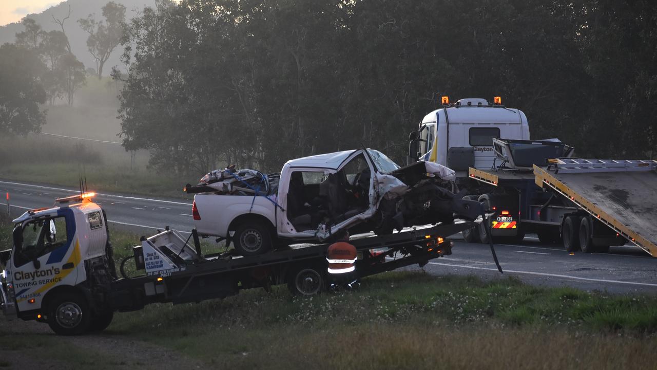 Tragic scenes at a fatal crash on the Bruce Highway near Pindi Pindi. Picture: Lillian Watkins