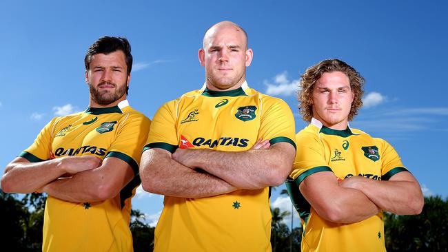 New Wallabies captain Stephen Moore (centre) poses with vice-captains Adam Ashley-Cooper (left) and Michael Hooper.