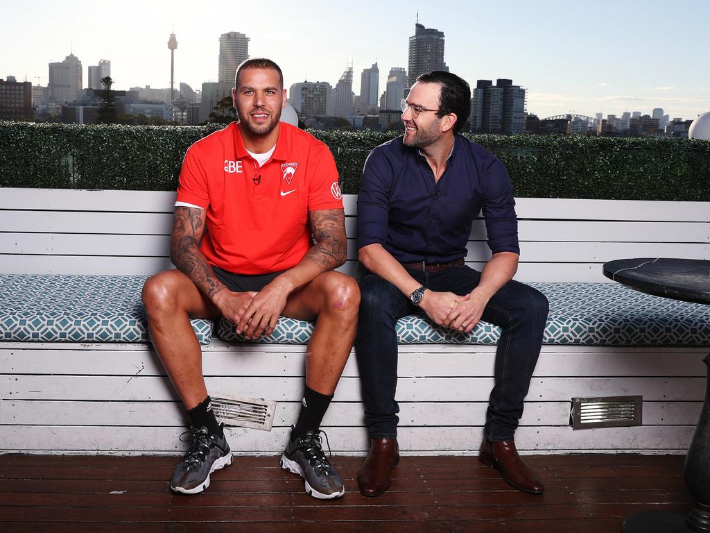 Jordan Lewis (right) went one-on-one with Hawthorn premiership teammate Lance Franklin, now a Sydney superstar, in a Fox Footy special for Sir Doug Nicholls Round. Picture: Fox Footy