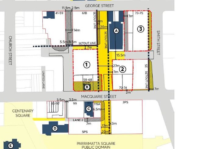 The yellow highlighted area is the proposed Civic Link, and 'C' marks the Leigh Memorial Church in Parramatta. 119A Macquarie St is the location of the Fellowship Centre. Cross hatching on three sides of the Fellowship Centre is the land that Parramatta Council is seeking to acquire.