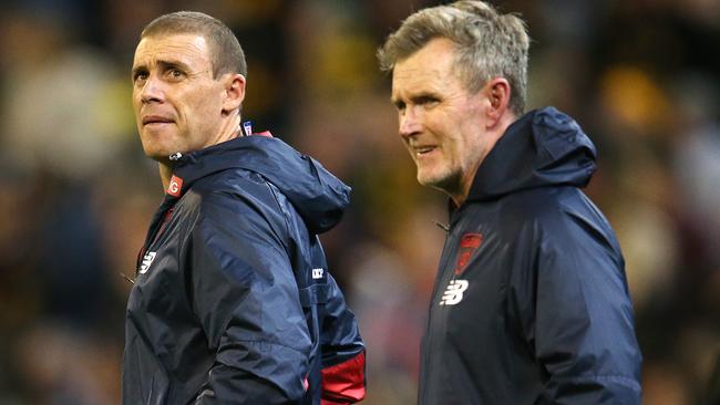 Melbourne coach Simon Goodwin with assistant Brendan McCartney. Picture: Michael Klein.