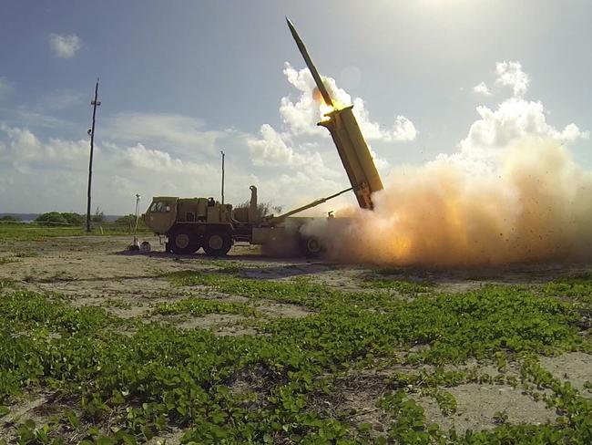 This 2015 image shows a terminal High Altitude Area Defense (THAAD) interceptor being launched from a THAAD battery located on Wake Island in the Pacific Ocean. Picture: Missile Defense Agency/Ben Listerman/AFP