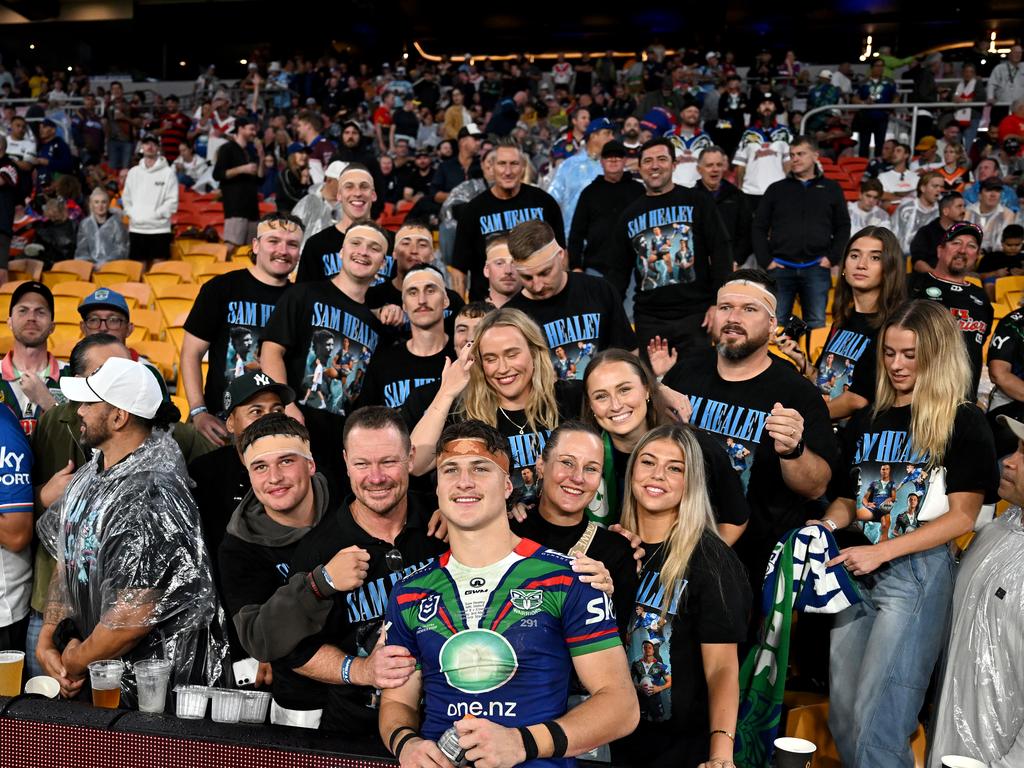 Samuel Healey delebrating his NRL debut. Picture: NRL Imagery