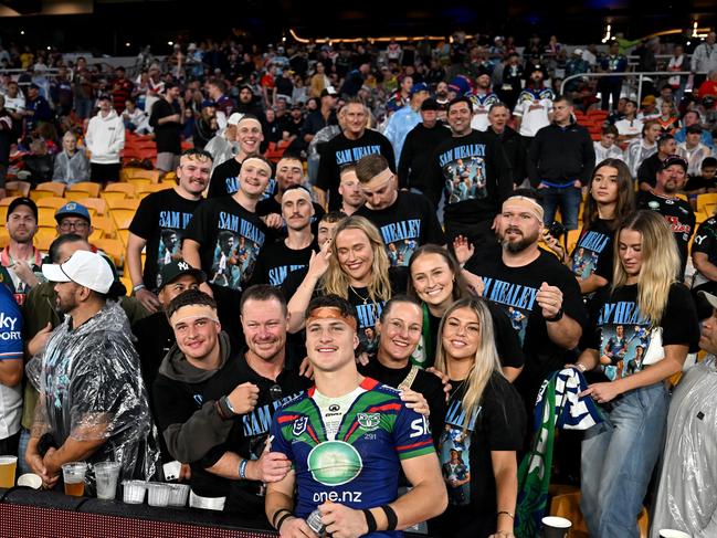 Samuel Healey celebrating his NRL debut. Picture: NRL Imagery