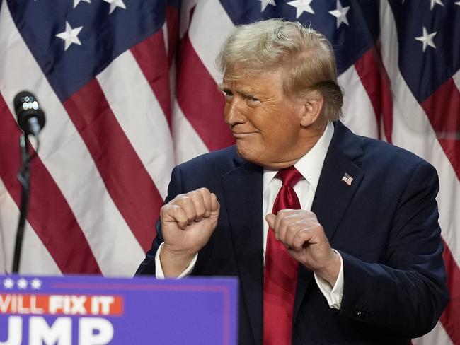 Republican presidential nominee former President Donald Trump dances after speaking at an election night watch party, Wednesday, Nov. 6, 2024, in West Palm Beach, Fla. (AP Photo/Alex Brandon)