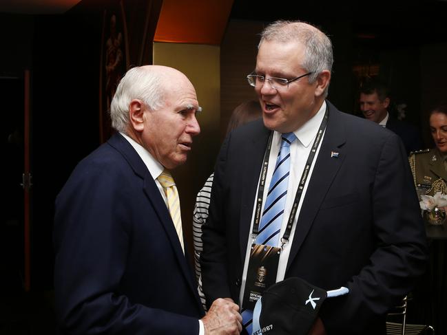 02/10/2016 Treasurer Scott Morrison and former PM John Howard at the NRL Grand Final at the ANZ stadium in Hombeush, Sydney.