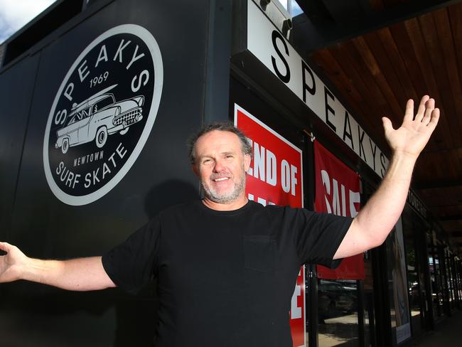 Nathan Lyons outside the Newtown shop. Speakys Surf Skate Snow is closing down on Xmas Eve, which owner Nathan Lyons says is primarily due to financial pressures. Picture: Alan Barber