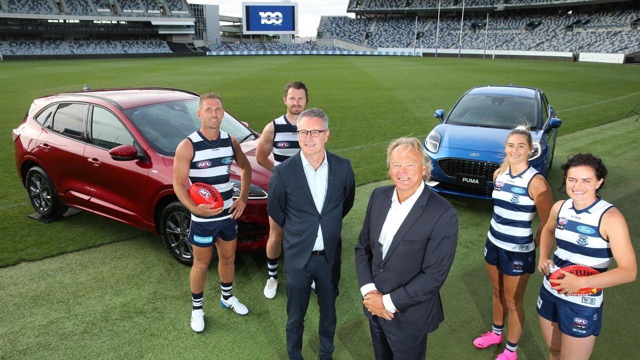 Geelong Cats players Joel Selwood, Patrick Dangerfield, Becky Webster and Meg McDonald with Ford Australia and New Zealand President and CEO Andrew Birkic and Geelong Cats CEO Brian Cook. Sponsorship partnership announcement with Ford and the Geelong Cats. Picture: Peter Ristevski