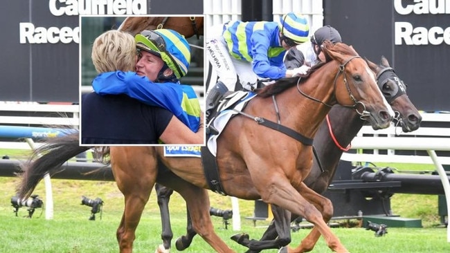 Jamie Kah combines with Another Wil to win the Group 1 CF Orr Stakes at Caulfield and (inset) hugs Janice McKenna, the wife of late owner Colin McKenna. Picture: Racing Photos/Getty Images