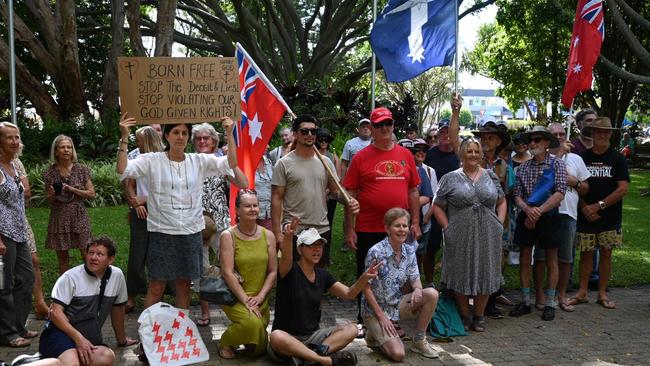 Protestors gathered outside Sunshine Coast Council chambers to call on the council to take a stand against vaccine mandates. Picture: Tegan Annett