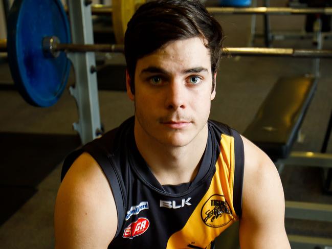 Top draft prospect Darcy Fogarty is photographed in Glenelg, South Australia, Tuesday, August 15th, 2017 (AAP Image/James Elsby). He is recovering from knee surgery.