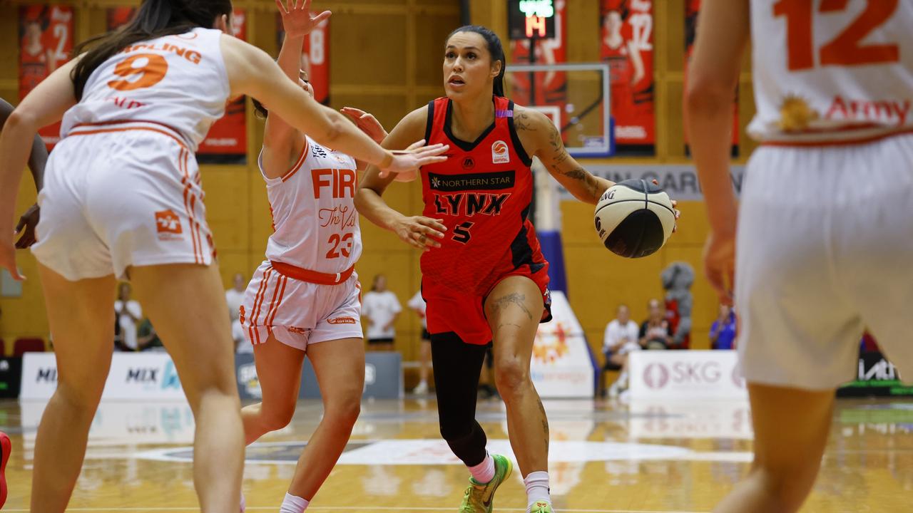 Ally Wilson of the Lynx attempts to get closer to the basket during game one of the WNBL Semi Final series between Perth Lynx and Townsville Fire at Bendat Basketball Stadium, on February 22, 2025, in Perth, Australia. (Photo by James Worsfold/Getty Images)