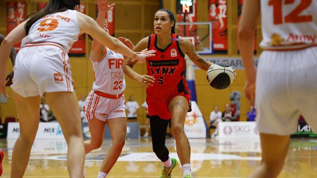 Ally Wilson of the Lynx attempts to get closer to the basket during game one of the WNBL Semi Final series between Perth Lynx and Townsville Fire at Bendat Basketball Stadium, on February 22, 2025, in Perth, Australia. (Photo by James Worsfold/Getty Images)