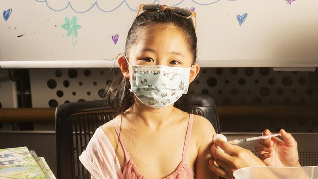 Chelsea, 6, has her Covid jab at the South Melbourne Primary School. Picture: Rob Leeson.